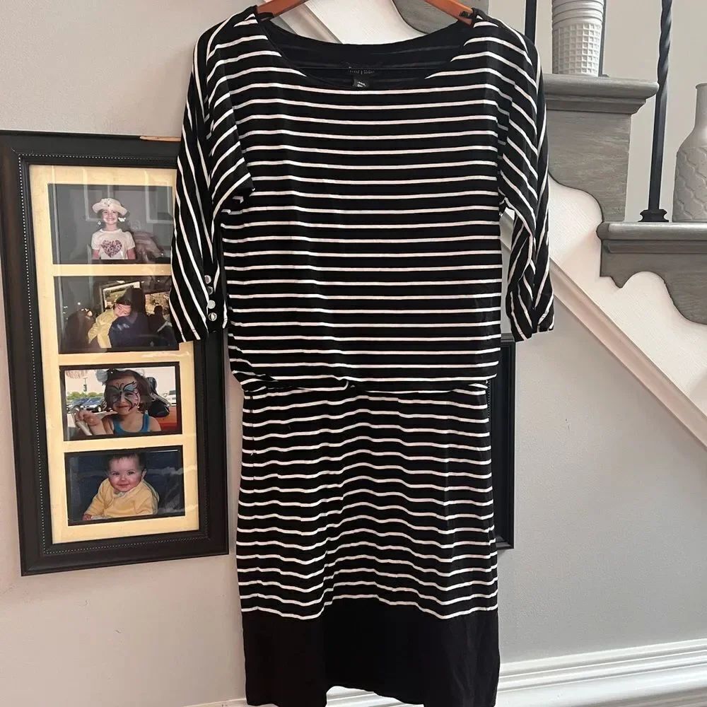 White House Black Market Black Drop Waist 3/4 Sleeve Casual Dress sz XXS